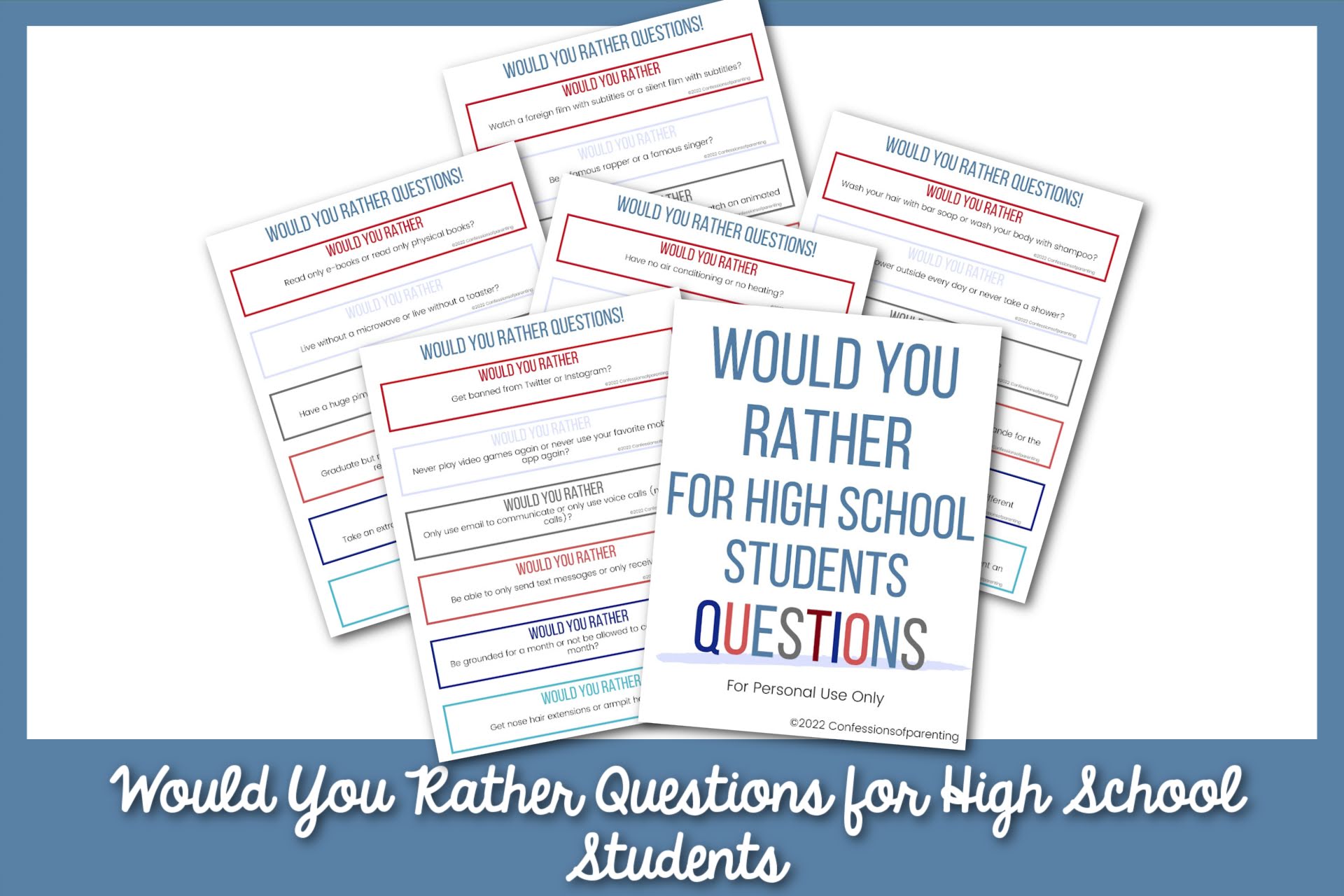 featured image: would you rather for high school students questions on a blue border