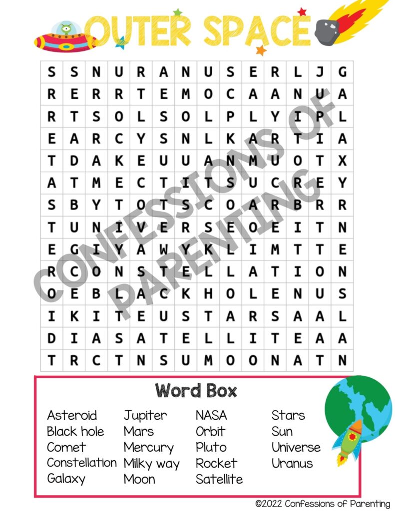 sample of outer space word search with a waternark