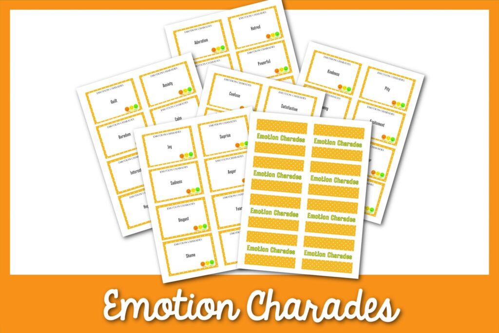 emotion charades cards printable with orange border.