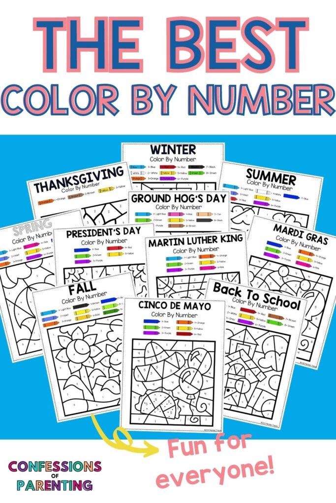 11 different color by number sheets in blue background