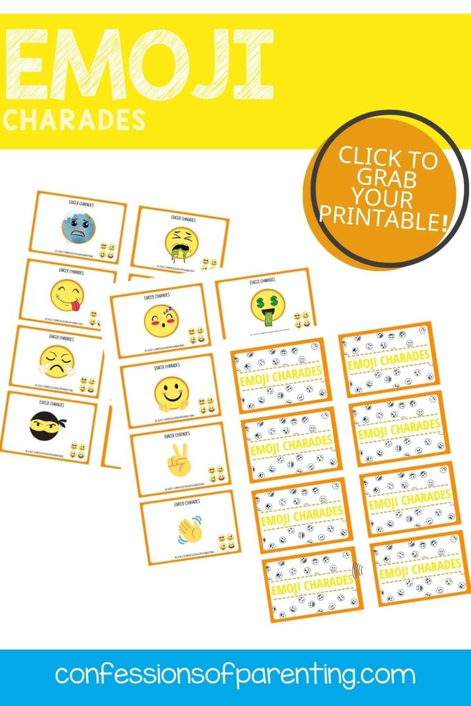 emoji charades in yellow and blue border