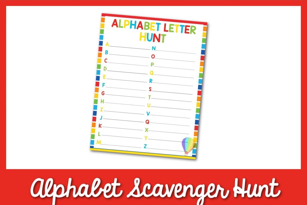 feature image: alphabet letter hunt card printable with red border
