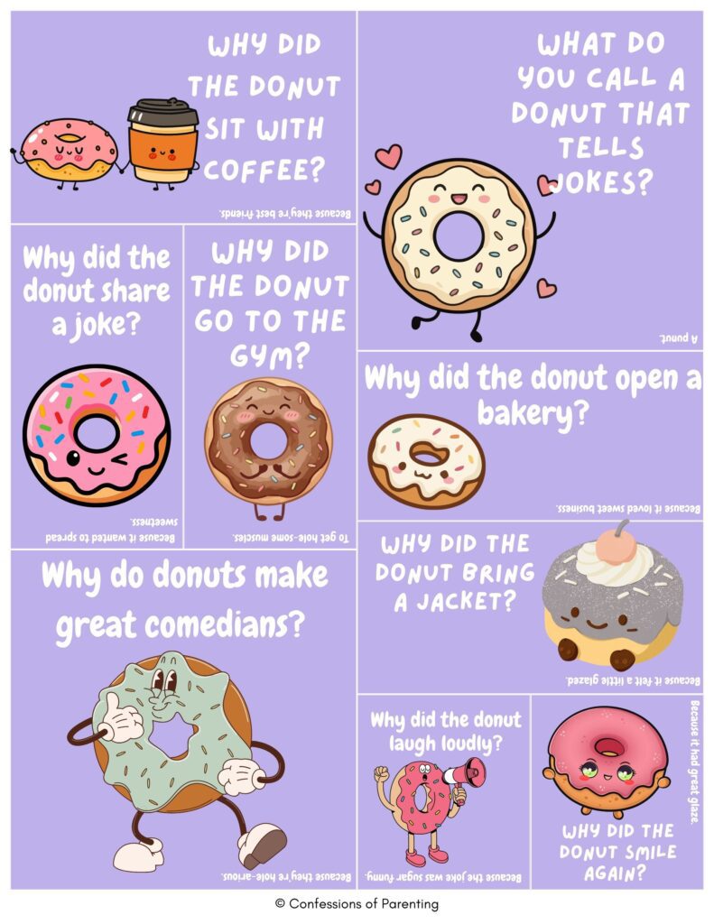 Purple collage of cute cartoon donuts with funny donut jokes for kids about coffee, the gym, bakeries, and silly donut humor.