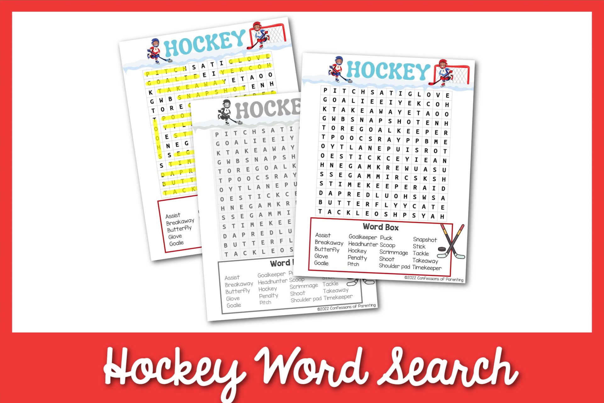 featured image: hockey word search on a red border