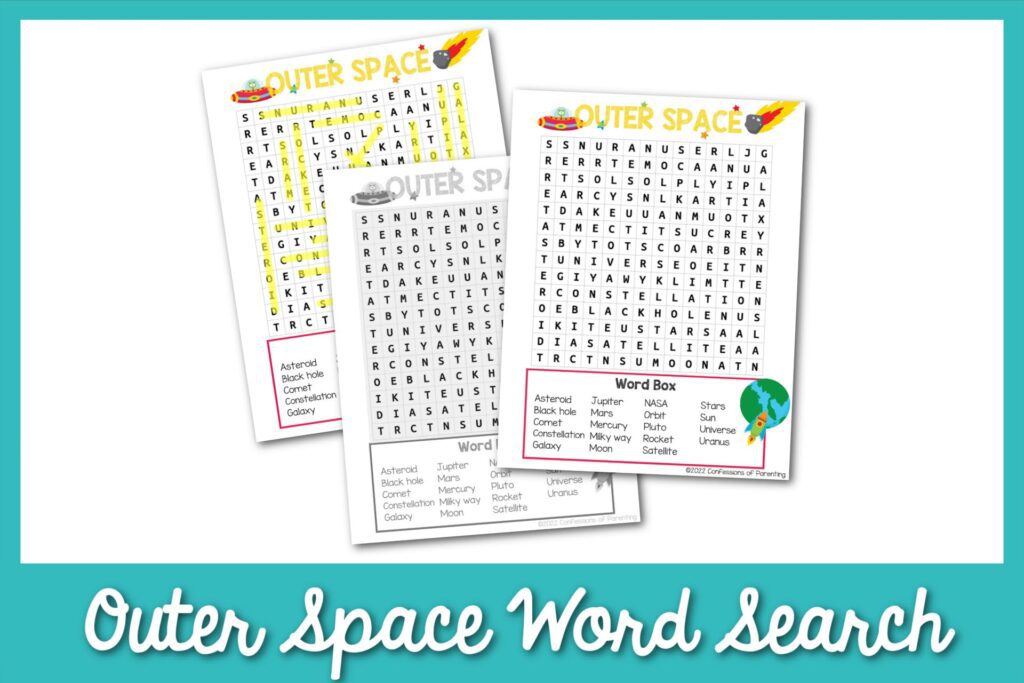 2 color, 1 black and white outer space word search worksheets with a blue border