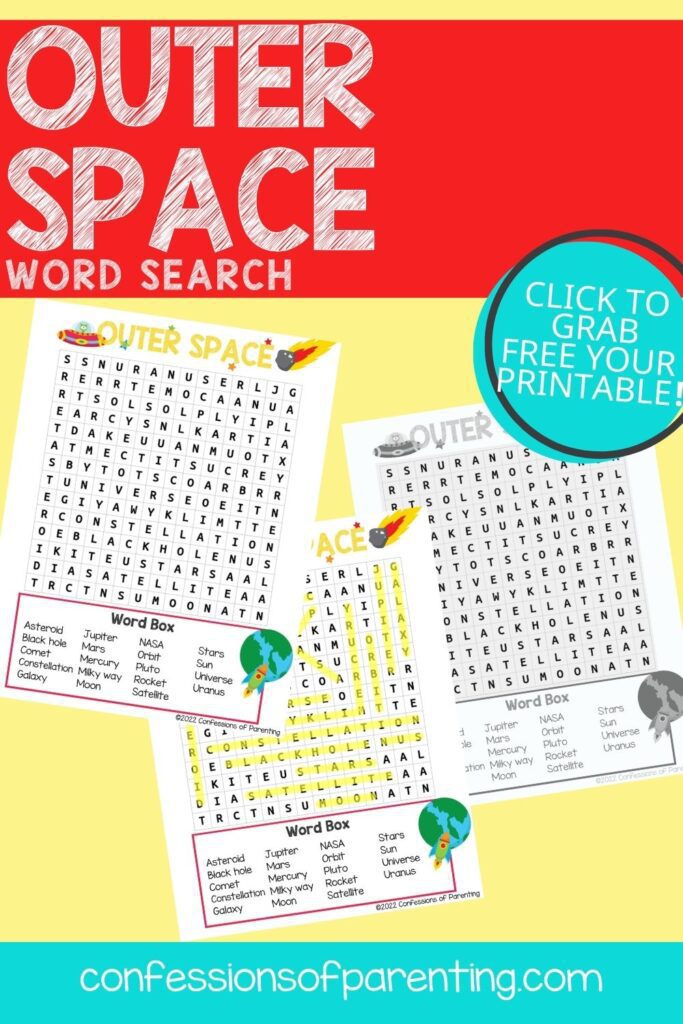 2 color 1 black and white outer space word search worksheets on a yellow and red background 