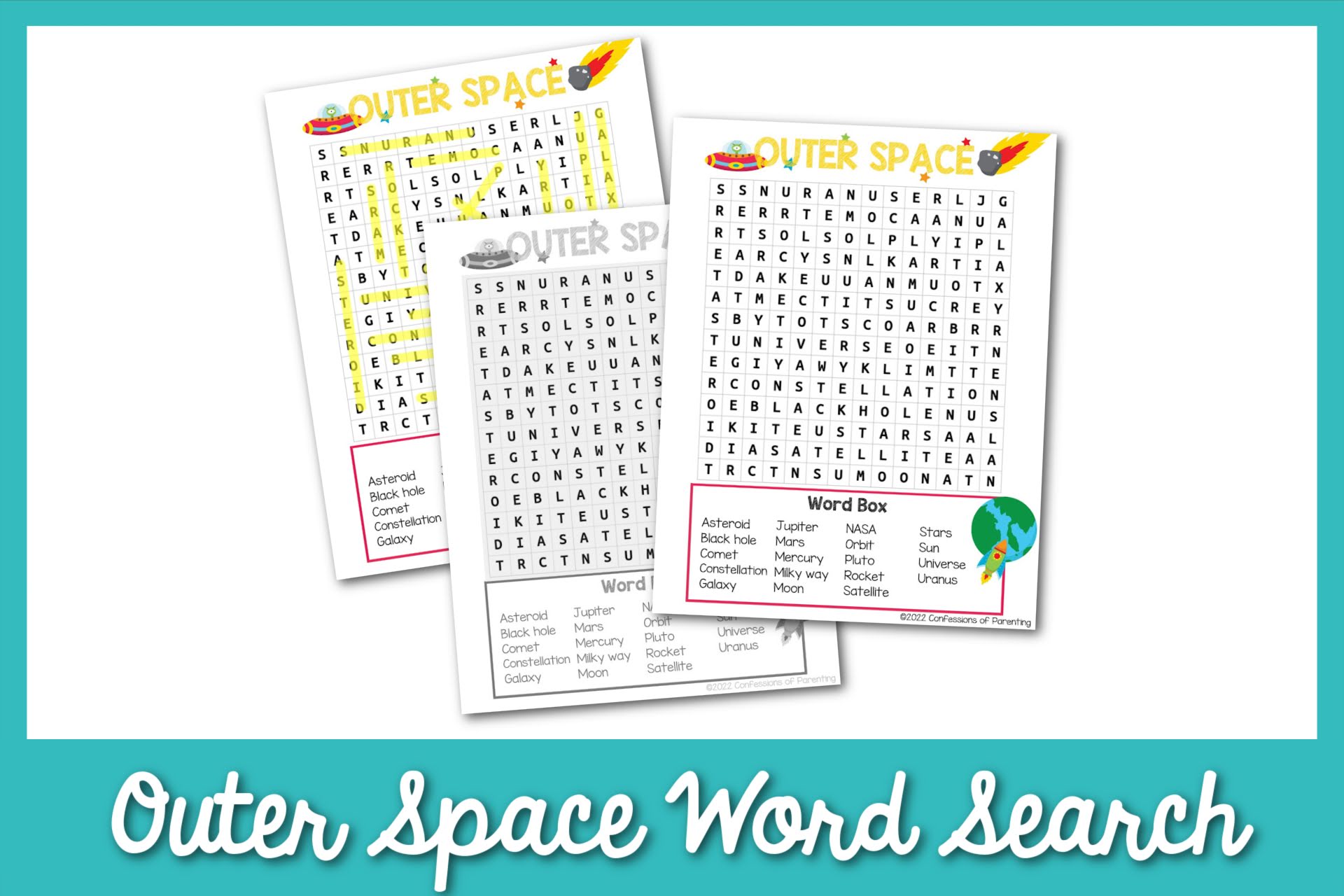 featured image: outer space word search on a blue border