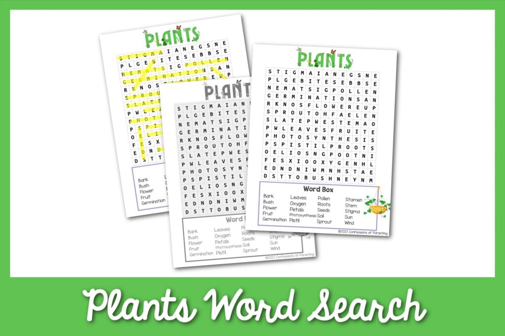 2 color, 1 black and whit plants word search worksheets with a green border