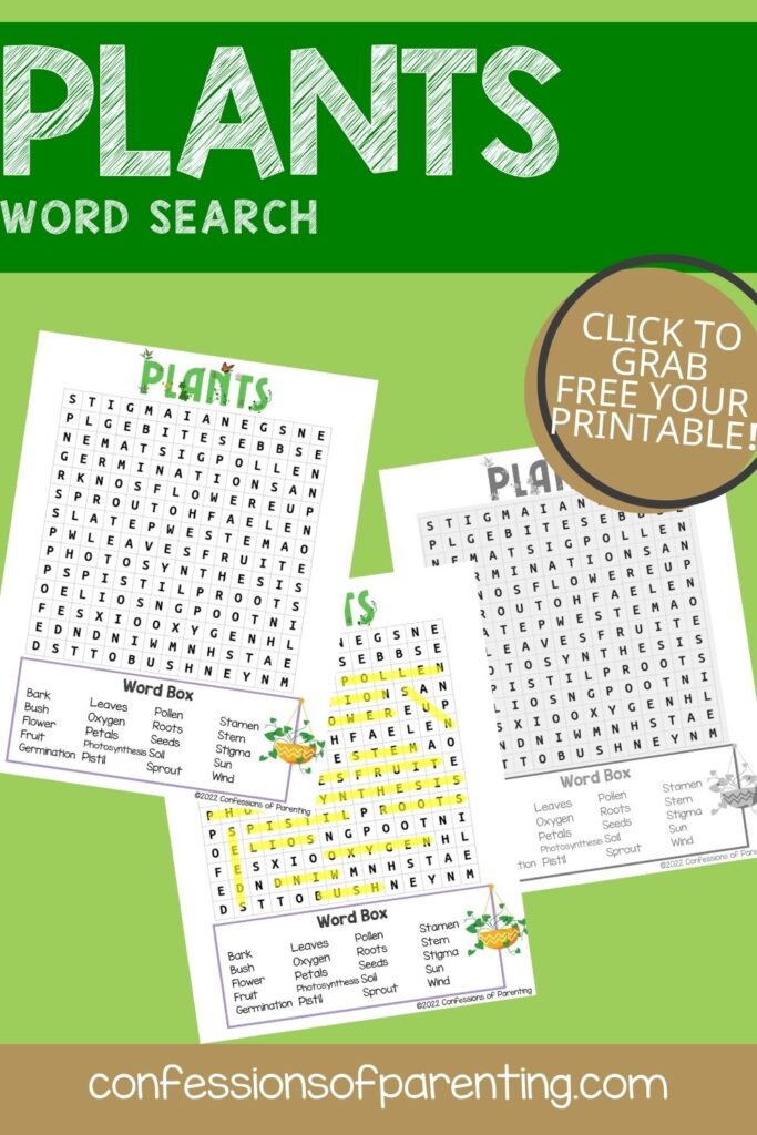 2 color, 1 black and white plants word search worksheets on a green background