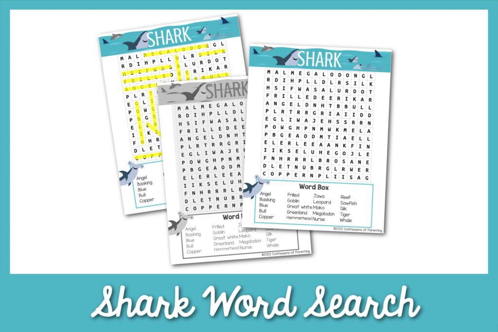 2 color, 1 black and white shark word search with a blue border