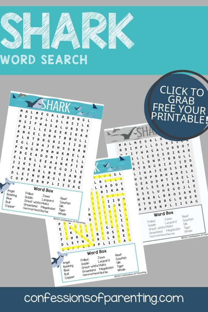 2 color, 1 black and whit shark word search worksheets on a gray and blue background