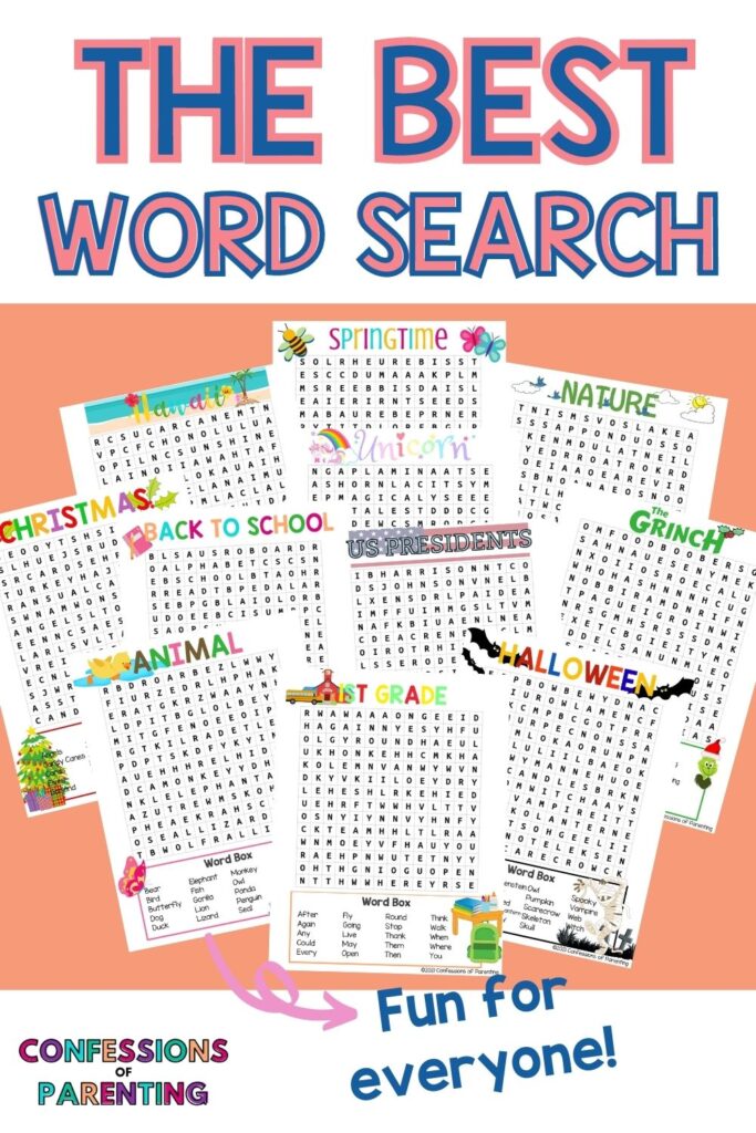 multiple themed word search worksheets on an orange background