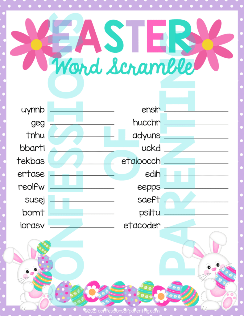 Sample of Easter word scramble in color with a watermark