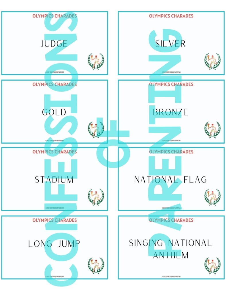 back of Olympics charades cards with Olympics charades ideas