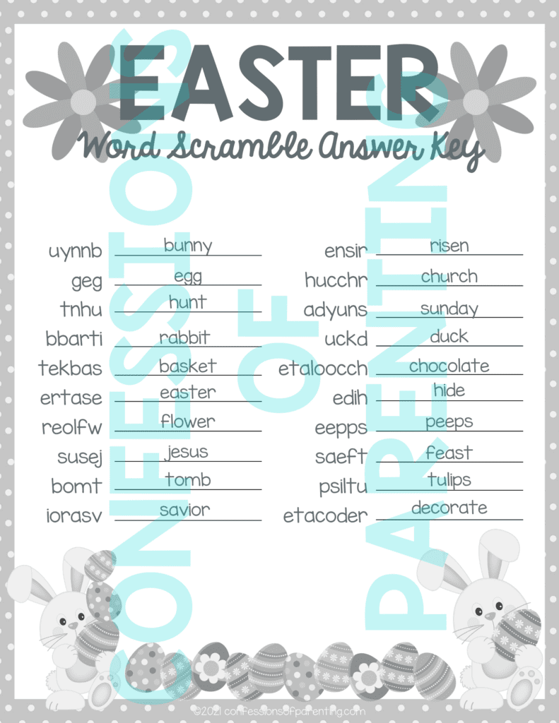 Sample of a black and white Easter word scramble answer key with a watermark.
