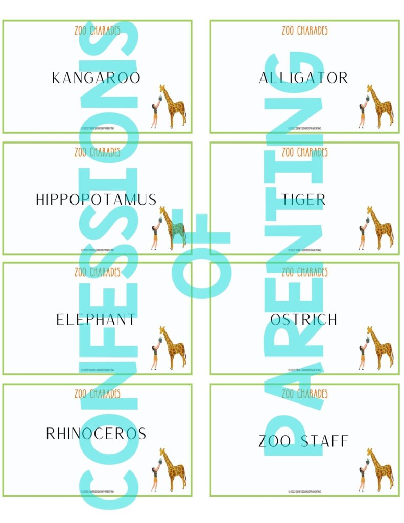 zoo charades printable example 