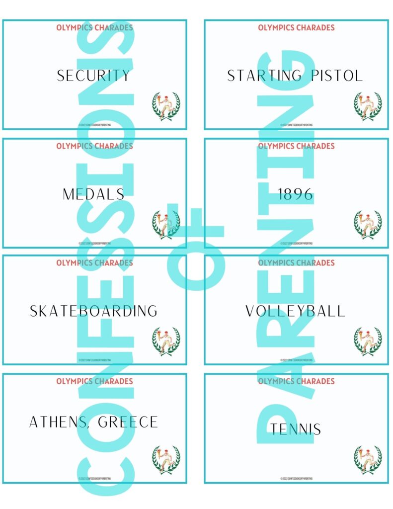 back of Olympics charades cards with Olympics charades ideas