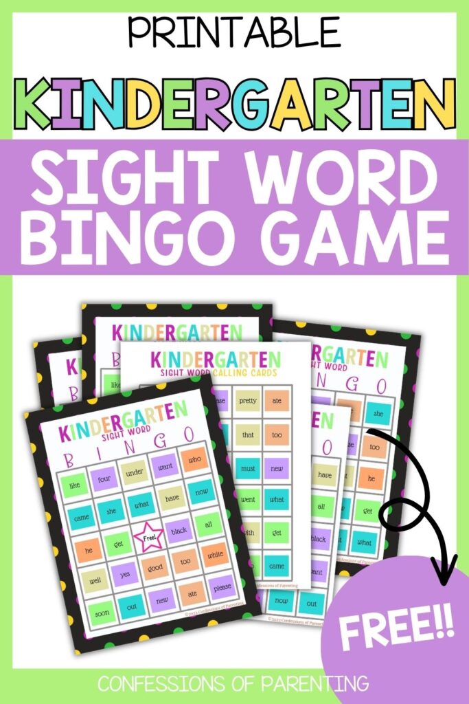 Free printable kindergarten sight word bingo game with colorful cards and calling sheets for early reading practice.