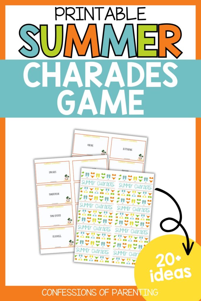 Pinterest Pin: orange border with summer charades game PDF mockup with summer charades game printable