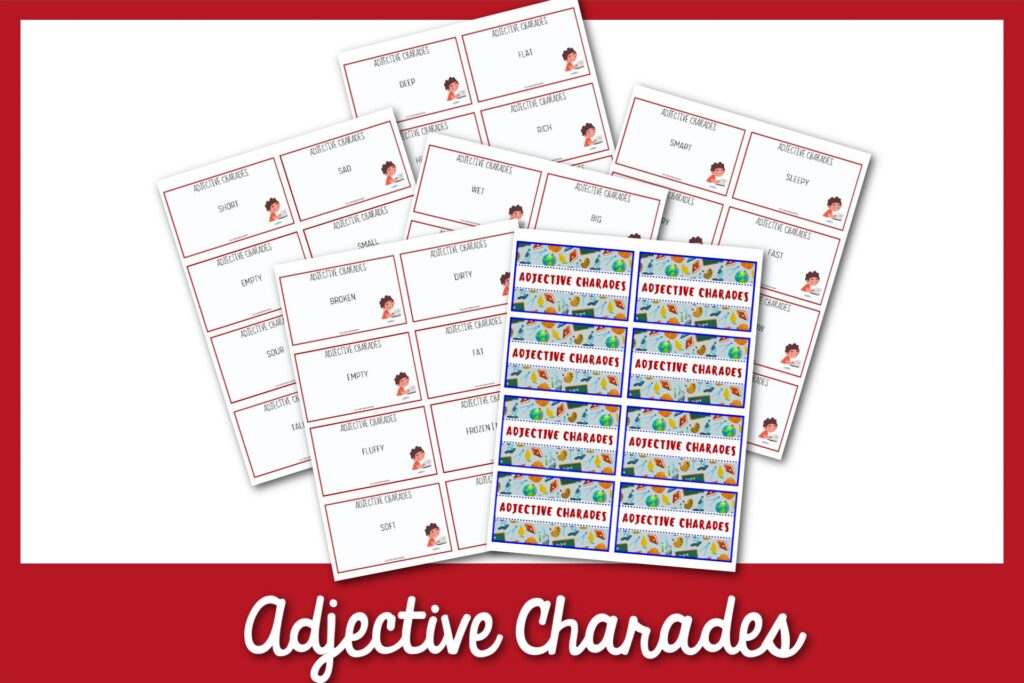 feature image: adjective charades card printable with red border