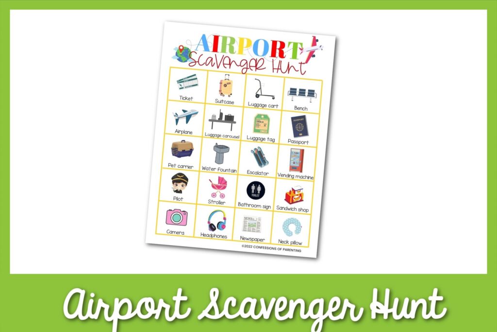 feature image: airport scavenger hunt card printable with green border