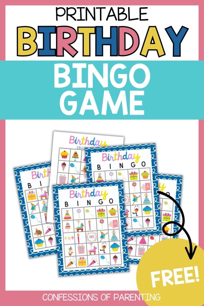 Printable birthday bingo game with colorful bingo cards featuring party hats, cupcakes, gifts, balloons, and candy for kids’ parties.