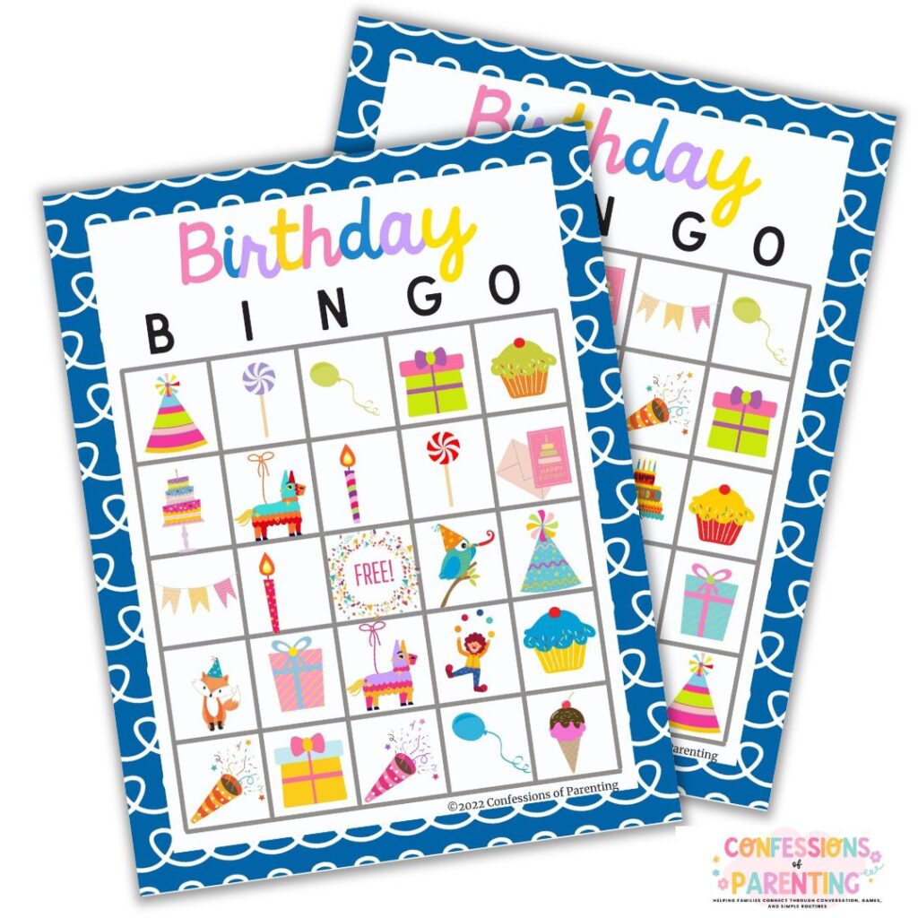 Two colorful birthday bingo cards with fun party-themed icons including cupcakes, presents, balloons, candles, and party hats.