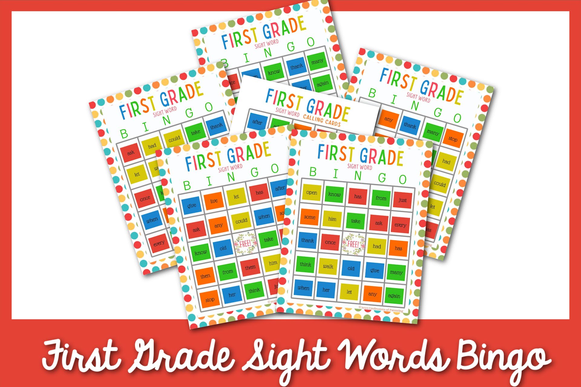 feature image: First Grade Sight Words Bingo card printable with red border