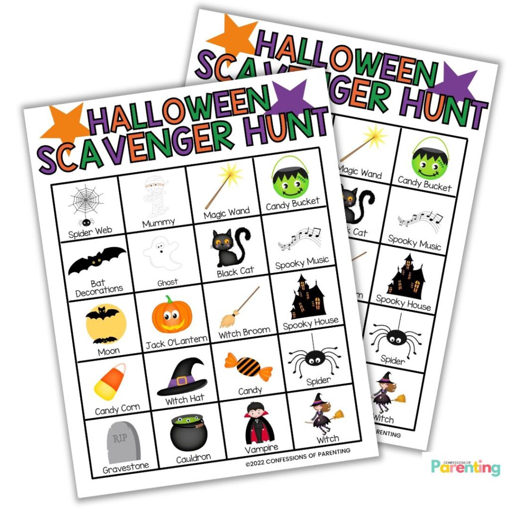 Printable Halloween scavenger hunt cards with colorful icons like bats, ghosts, pumpkins, and witches.