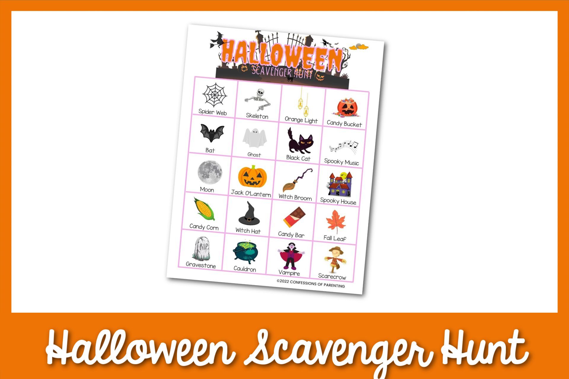 feature image: Halloween Scavenger Hunt card printable with orange border