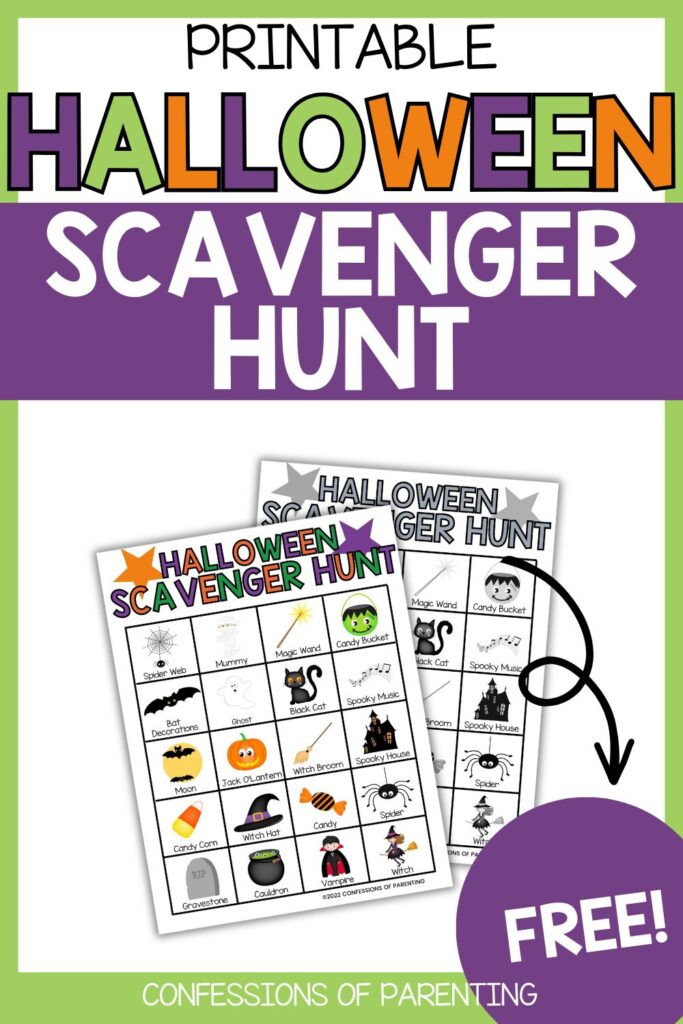 Free printable Halloween scavenger hunt game with colorful and black-and-white versions.