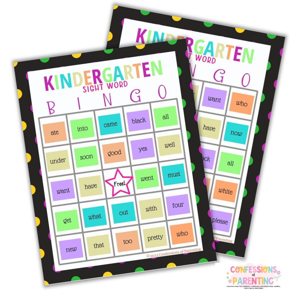 Colorful kindergarten sight word bingo cards printable with easy reading words and fun classroom learning activity for kids.