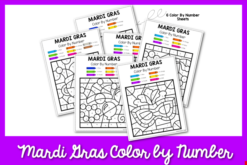 Feature: Mardi Gras Color by number sheets with a purple border