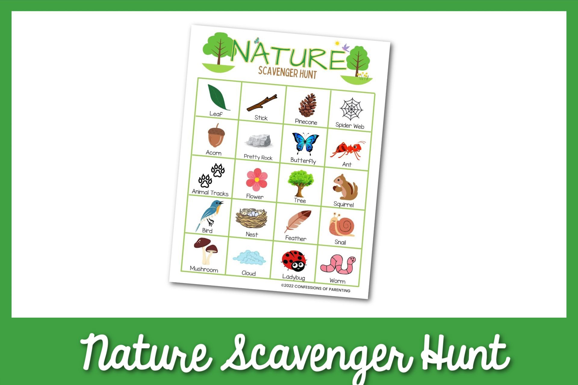 feature image: nature scavenger hunt card printable with green border