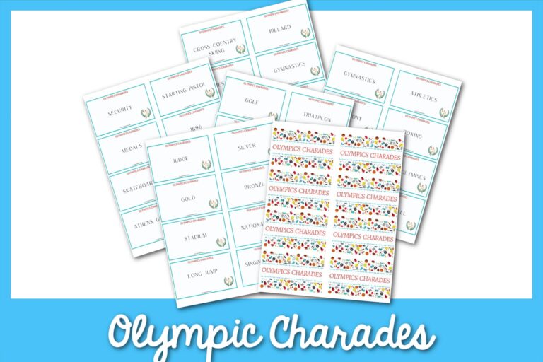 feature image: olympic charades card printable with blue border