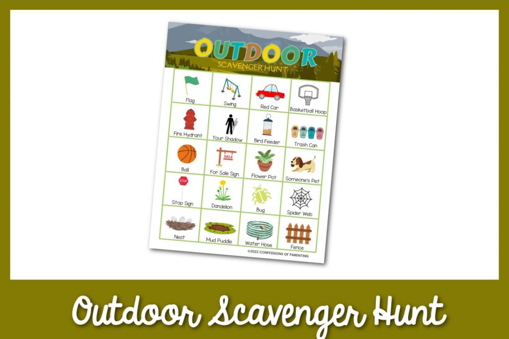 feature image: Outside Scavenger Hunt card printable with green border