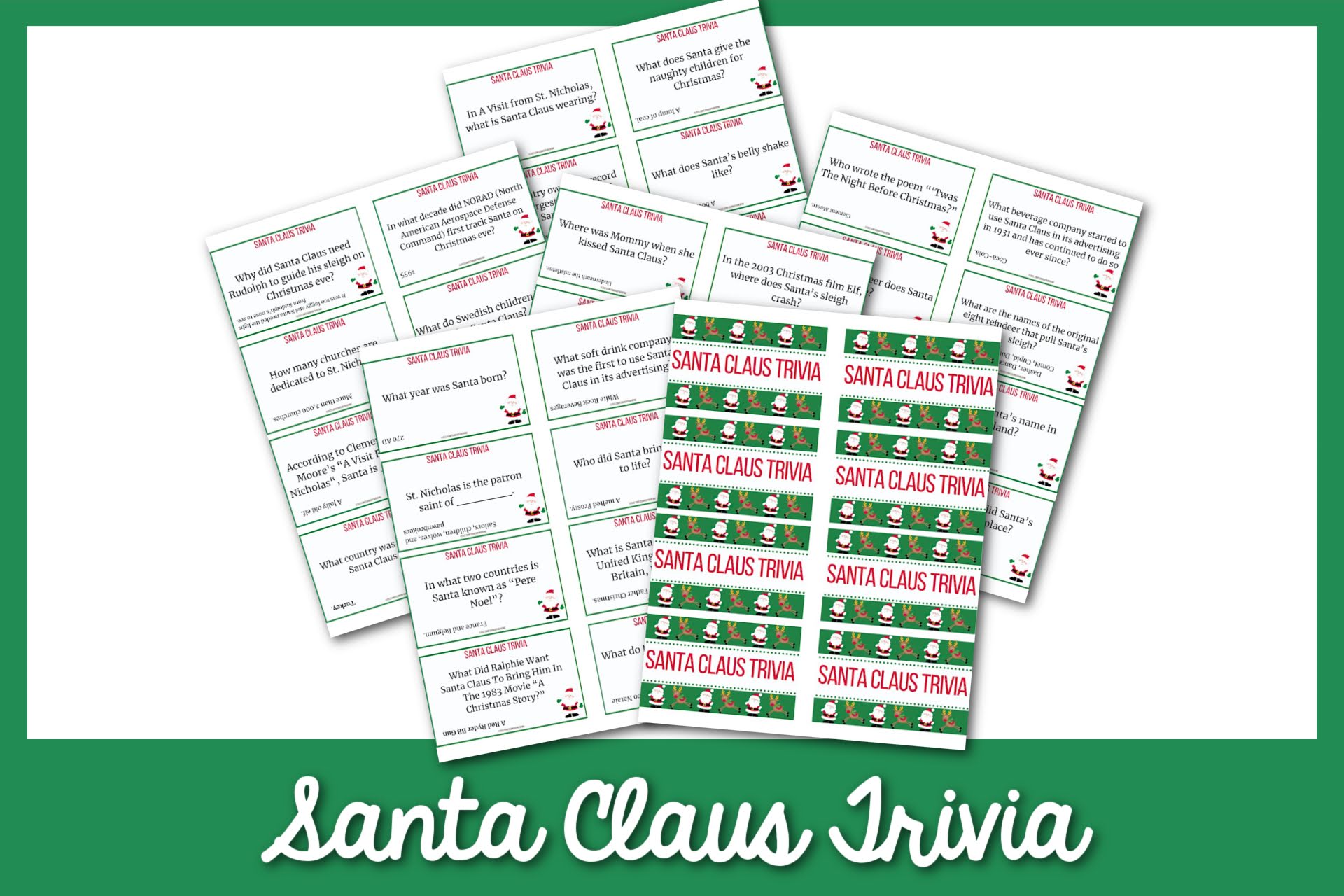 feature image: santa claus trivia card printable with green border