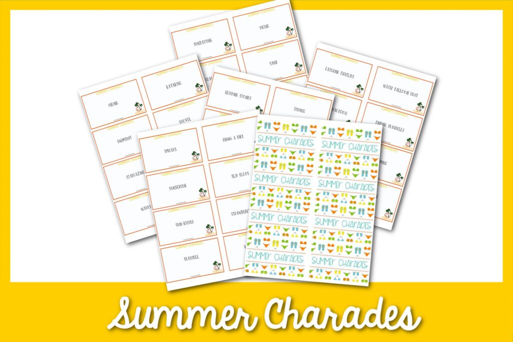 feature image: summer charades card printable with yellow border