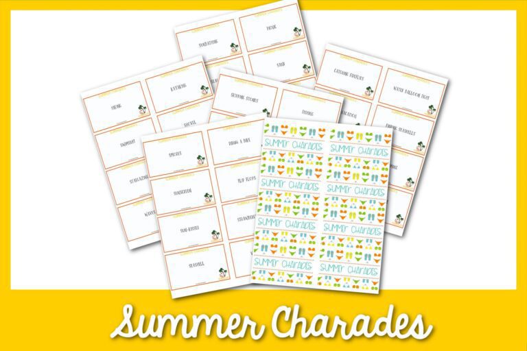 feature image: summer charades card printable with yellow border