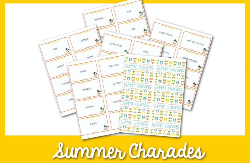 feature image: summer charades card printable with yellow border