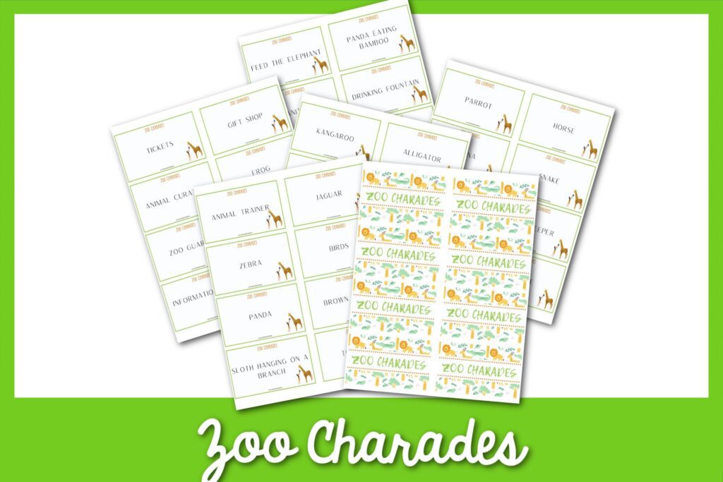 feature image: zoo charades card printable with green border