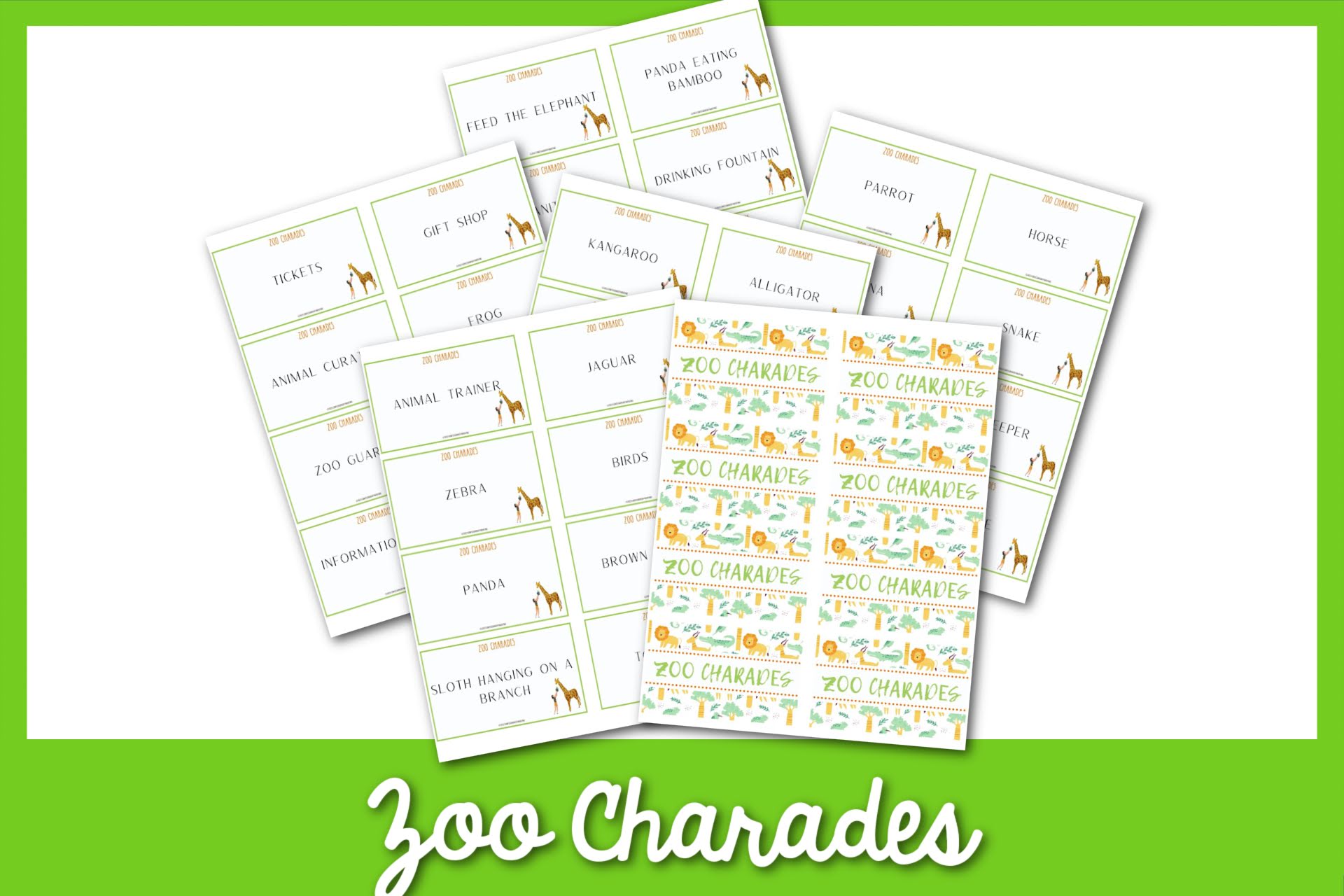 feature image: zoo charades card printable with green border