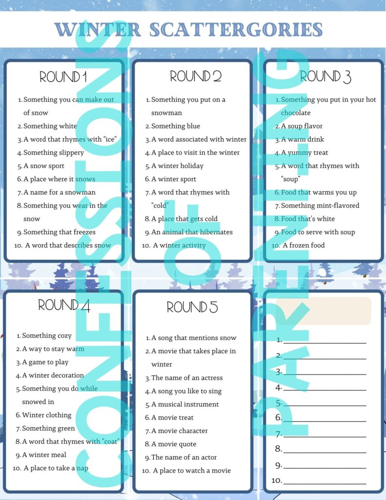 Front of winter scattergories cards