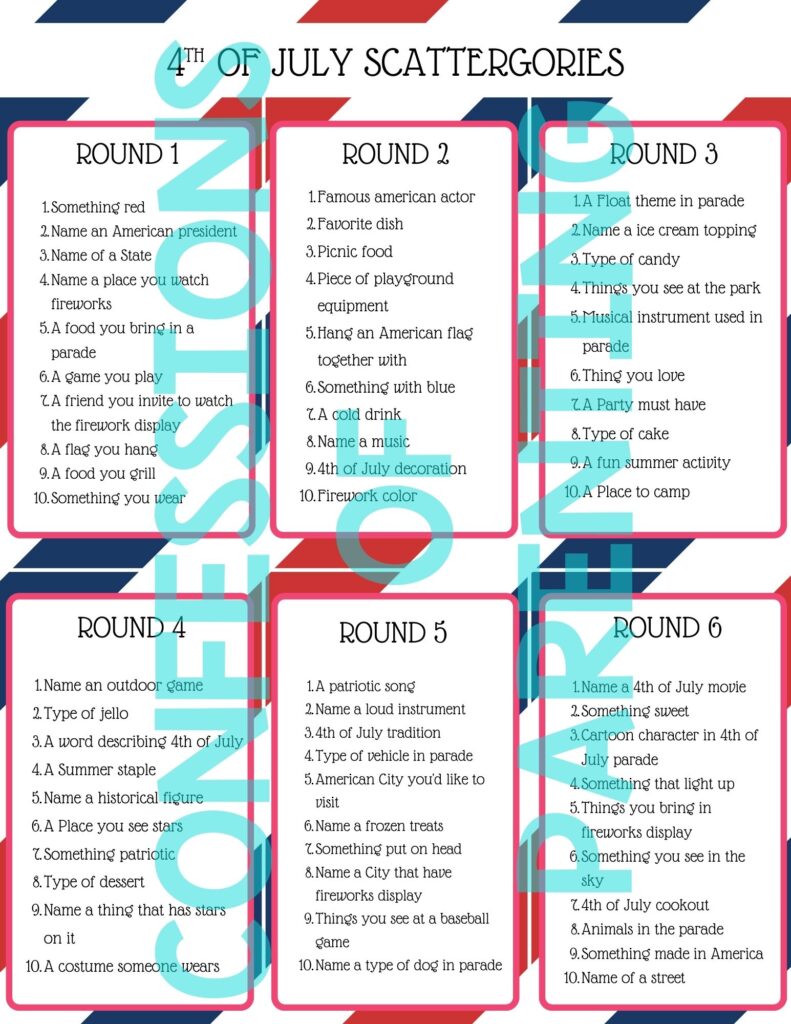 Front of 4th of july scattergories printable card