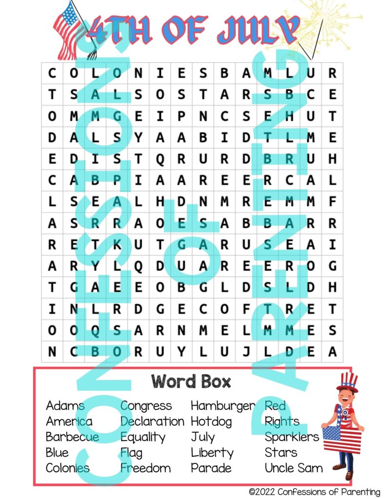 Sample of a 4th of july word search with a watermark