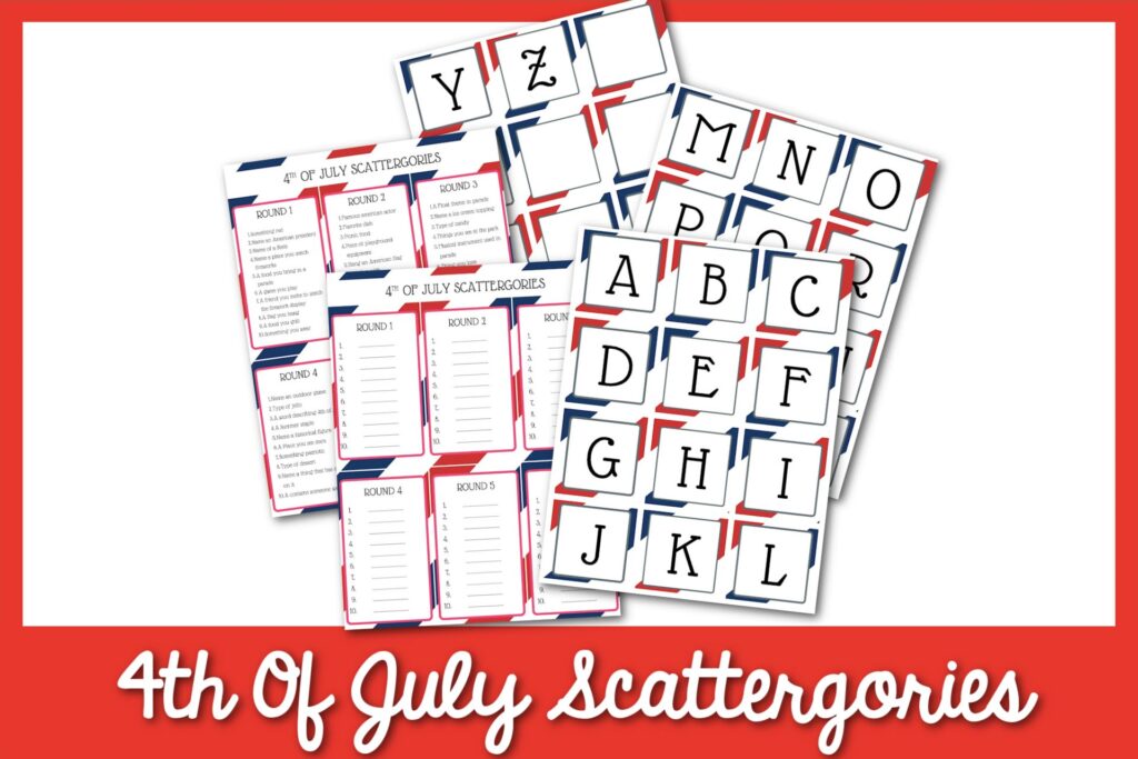 feature image: 4th of july scattergories printable cards with red border