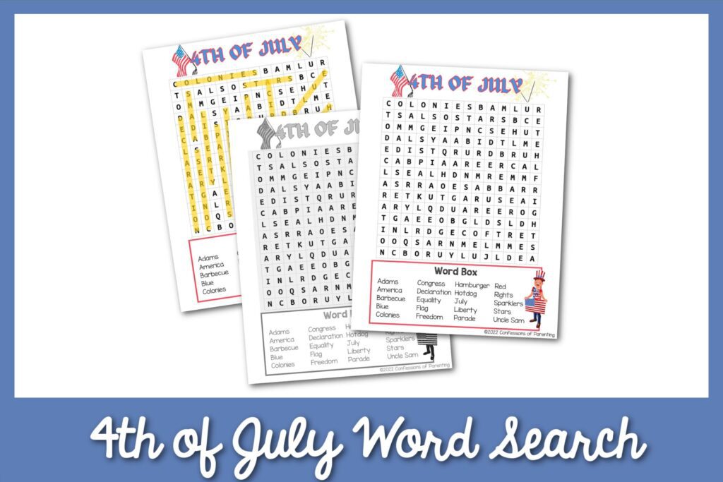 2 color, 1 black and white 4th of July word search worksheets with blue border