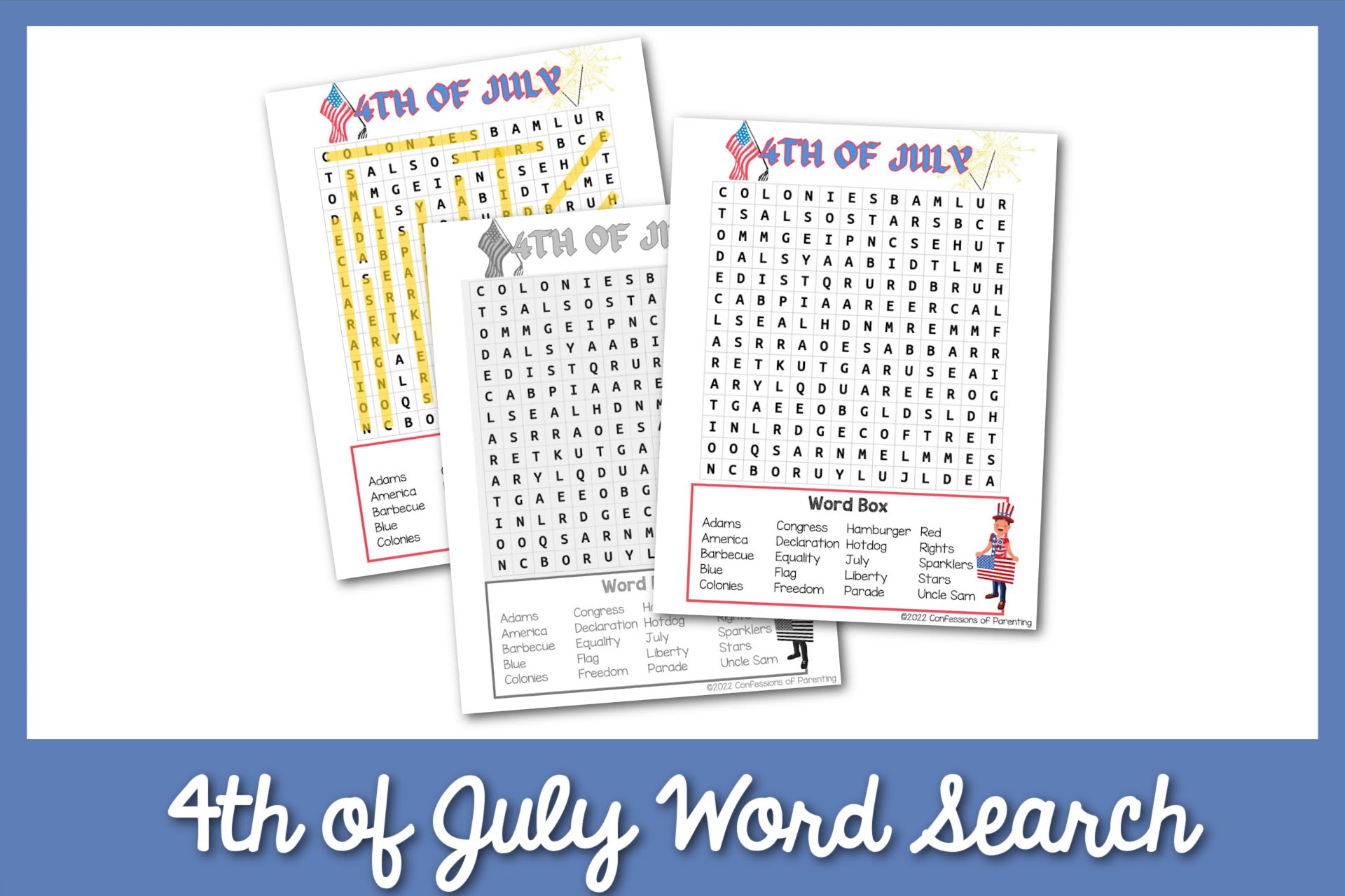 feature image: 4th of July word search printable with blue border