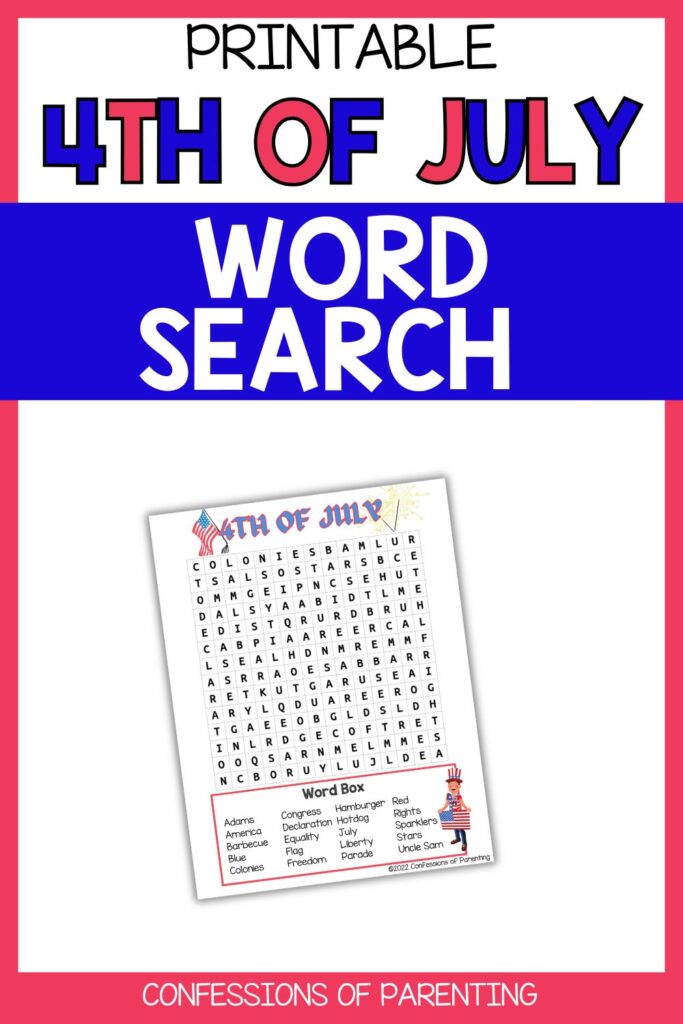 Pinterest Pin: red border with 4th of July Word Search game PDF mockup with 4th of July Word Search game printable