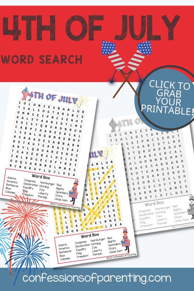 2 color, 1 black and white 4th of july word search worksheets with a red border